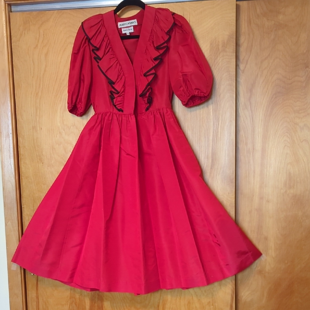 Red Ruffled A-Line Midi Dress with Puff Sleeves